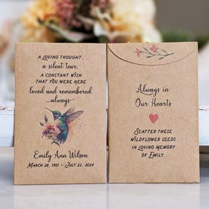 Hummingbird Memorial Favors Celebration of Life Personalized Seed Packets for Funeral Service, Loved Ones Remembrance Custom Gift for Guests