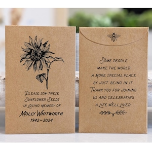 May include: A brown paper envelope with a sunflower illustration and the text "Please sow these sunflower seeds in loving memory of Molly Whitworth 1942-2024". The back of the envelope has a bee illustration and the text "Some people make the world a more special place by just being in it. Thank you for joining us and celebrating a life well lived."