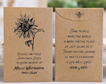 以下が含まれることがあります： ヒマワリが描かれた茶色の封筒に「Please sow these sunflower seeds in loving memory of Molly Whitworth 1942-2024」という文字が書かれています。封筒の裏面にはミツバチのイラストと「Some people make the world a more special place by just being in it. Thank you for joining us and celebrating a life well lived.」という文字が書かれています。