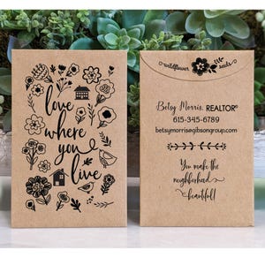 Real Estate Agent Business Card Seed Packets, Gift Basket Giveaways, Home Sales Listing Agent Referral Gifts, Open House, Client Referrals