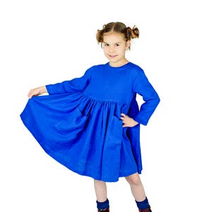 Eco Linen Girls Organic Dress Royal Blue Long Sleeves Vegan Linen Dress 4 - 9 Years