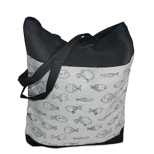 Tote  Bag Eco Linen Shopping Bag Natural Linen Bag Fish Design Vegan Linen Bag