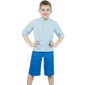 Organic Linen Short Sleeve Striped Shirt + Linen Blue Shorts Pants Boys Vegan Linen Shorts Size 4 - 9 Years