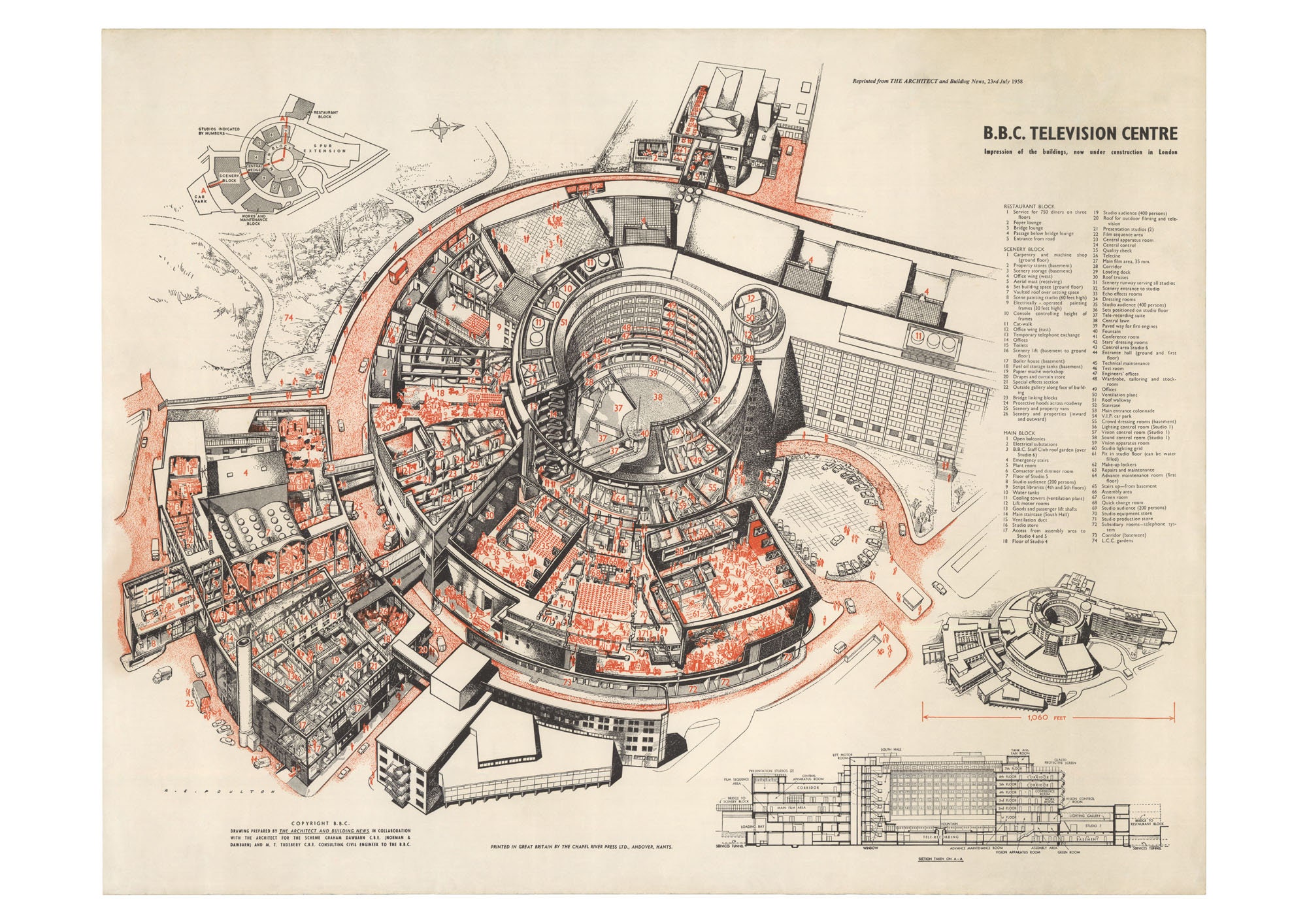 BBC Television Centre TVC New Large A4 Postcard 1957 Architects Drawing Plan 