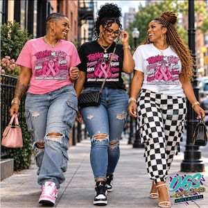 May include: Three t-shirts featuring a pink boxing glove graphic with the text Together We Fight, Survivor, Fighter, Hope, Strength, Love, Courage, and Breast Cancer Awareness. The shirts are pink, black, and white, paired with denim and checkered pants.