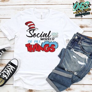 May include: White t-shirt with a red and white hat, blue and white hair, and the text "Social Worker of all Things".