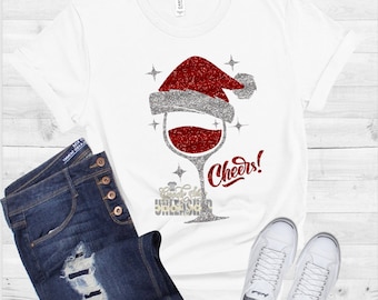 Cheers Wine Glass with Santa Hat SVG, dxf, png, and eps