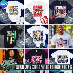 May include: A collection of 10 editable Canva school spirit designs for t-shirts. The designs feature various school mascots, logos, and slogans, including "Great Day to Be a Wildcat", "Game Day", "Town Big Spirit", "Tornadoes", "Play Like It's 1985", "Patriot Nation", "Pink We Cat", and "Wildcat".