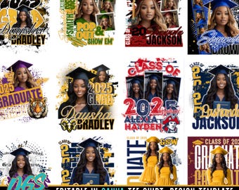 May include: A collage of ten graduation t-shirt designs featuring a variety of colors, graphics, and text. Each design includes a photo of a graduate wearing a cap and gown, along with the year '2025' and the graduate's name. The designs are perfect for customizing with your own photos and text.