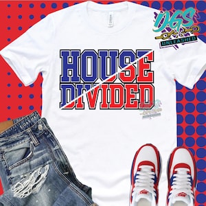 May include: White t-shirt with the text "HOUSE DIVIDED" in blue and red block letters. The shirt is paired with distressed blue jeans and white sneakers with red and blue accents. The background has a red and blue polka dot pattern.