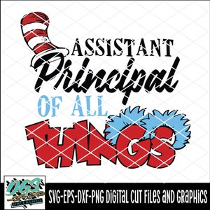 May include: Assistant Principal of All Things SVG cut file featuring a red and white striped hat with a blue pom-pom and the text "Assistant Principal of All Things" in black.
