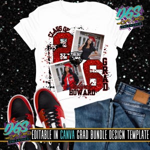 Könnte beinhalten: Weißes T-Shirt mit einem Abschlussdesign mit dem Text "Class of 26 Grad" in Rot und Schwarz. Enthält zwei Fotos einer Absolventin und den Namen "Aliyah Howard". Rote und schwarze Turnschuhe sind sichtbar.