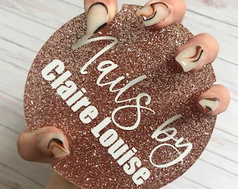 Personalised Nail Tech Photo Prop Disc, Glitter Acrylic Nail Display