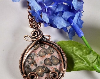 Copper wire wrapped wire woven leopard-skin jasper necklace with rose embellishment and hand made chain