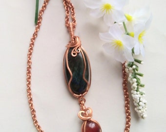 Wire Wrapped Double Pendant Necklace Labradorite and Carnelian Copper Wrapped Hand Made Chain
