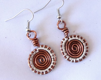 Wire Wrapped Earrings Copper and Silver Spiral Mixed Metal