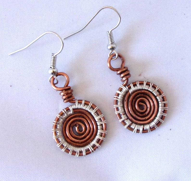 Wire Wrapped Earrings Copper and Silver Spiral Mixed Metal image 1