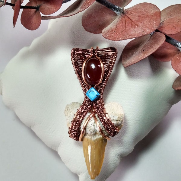 Wire Wrapped, Woven Wire Shark Tooth Pendant, Bright and Antiqued Copper Wire Wrapping and Weaving, with Cube Accent Bead
