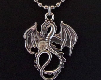 Gothic Fantasy Dragon Necklace Silver with Clear Crystal Gemstone, Unisex Dragon Necklace with Ball Chain