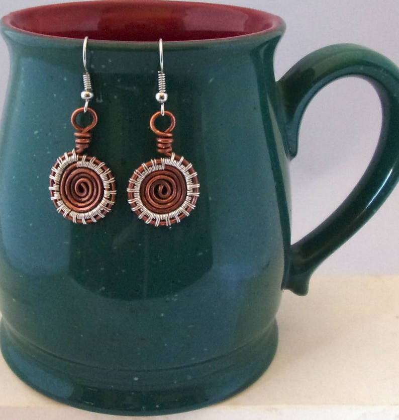 Wire Wrapped Earrings Copper and Silver Spiral Mixed Metal image 2