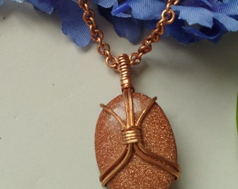 goldstone necklace, Egyptian scarab-style copper wire wrapped goldstone pendant with handcrafted copper chain