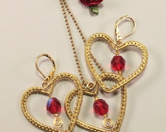 Gold Wire Wrapped Woven Wire Set of Heart Earrings and Necklace with Fire Polished Crystals, Valentine Heart Earrings and Necklace