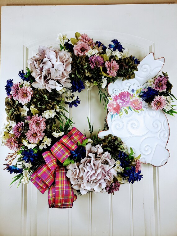 Easter Bunny Wreath Spring Easter Decor Floral Wreath Etsy