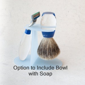 Clear and Blue Acrylic Three Piece Shaving Set, Pure Badger Bristle Shaving Brush, Mach3 Razor, Gift for Him, With or Without Soap Bowl