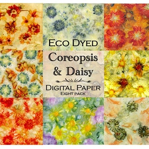 Coreopsis and daisy eco printed paper, printables, eco print, eco printing, eco dyed paper, nature prints, journal pages, eco dyeing, digi