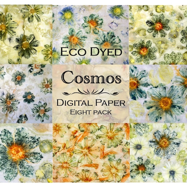 Cosmos eco printed paper, eco print, eco printing, eco dyed paper, nature prints, printables, journal pages, eco dyeing, digital, flowers