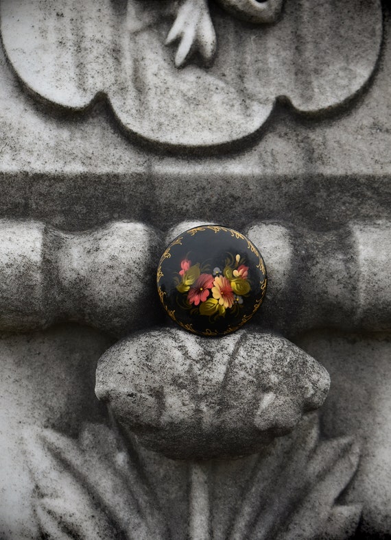 Russian Wooden Brooch, Hand Painted Flowers - image 2