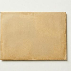 Könnte beinhalten: Ein rechteckiger, hellbrauner Papierumschlag vor weißem Hintergrund. Der Umschlag hat eine leicht strukturierte Oberfläche und ist mittig im Bild platziert. Die Kanten des Umschlags sind sichtbar, und das Papier scheint gealtert.