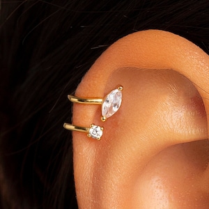 Dainty Marquise and Round Cz Double Band Ear Cuff Earring, Cartilage Non Pierced Earring, 925 Sterling Silver