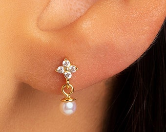 Boucles d'oreilles clous fleur pour femme avec perle pendante en argent sterling 925 plaqué or