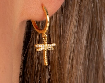 Dainty Dragonfly Hoop Earrings: 18k Gold Plated Sterling Silver CZ