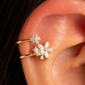 Double Wrap Earring - Dainty Marquise CZ Flower Shaped Ear Cuff Earrings - 18k Gold Plated - 925 Sterling Silver