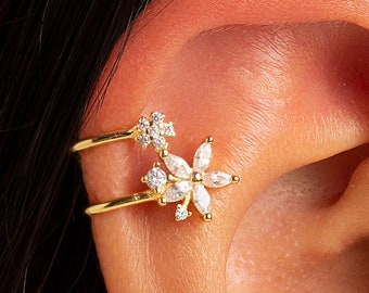 Double Wrap Earring - Dainty Marquise CZ Flower Shaped Ear Cuff Earrings - 18k Gold Plated - 925 Sterling Silver