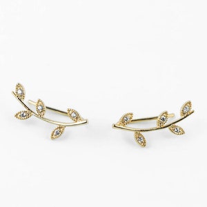 Dainty Ear Climber, Leaf ear climber earrings, Gold leaf ear climber, Silver ear climbers, Cz leaves ear climber earrings, Thin ear climbers image 1