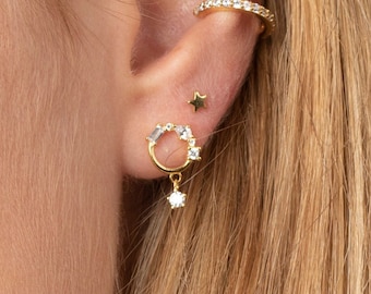 Boucles d'oreilles Dainty stud, boucles d'oreilles Cz stud, boucles d'oreilles Hoop stud, boucles d'oreilles en or Cz, argent sterling 925, clous cz pendants, boucles d'oreilles en or Dainty