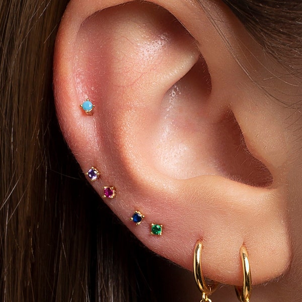Super tiny cz stud earrings 2,3mm - Pink cz studs, Turquoise cz studs, Sapphire cz studs, Emerald cz studs, Pink cz studs