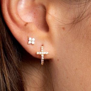 Cross cz hoop earrings, Pave cross hoops, Dainty earrings, Cz gold hoops, Cz silver hoops, Hoop earrings, Huggie earrings, Tiny earrings