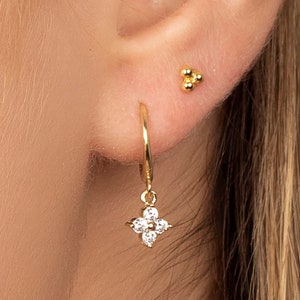 Dainty Gold Flower CZ Hoop Earrings: Sterling Silver Huggies