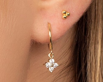 Dainty gold hoops, Flower cz dangle hoop earrings, Gold hoops, Dainty earrings, Minimalist earrings, Huggie hoops, Dangle flower cz hoops