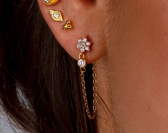 Boucles d’oreilles en chaîne Flower cz, Boucles d’oreilles délicates, Boucles d’oreilles Cz or, Boucles d’oreilles minimalistes, Boucles d’oreilles Chain drop, Boucles d’oreilles en chaîne Dangle, Boucles d’oreilles en or