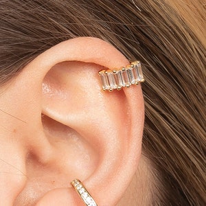 Dainty baguette cubic zirconia ear cuff earring, Baguette cz ear cuff gold, Rose gold ear cuff image 3