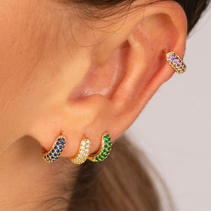 Tiny hoop earring pave Cz Gold earring, Cartilage earring Cz emerald earring, Cz amethyst earring, Cz sapphire earrings. 925 sterling silver