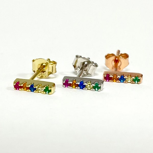 Multicolor tiny stud earrings, Rainbow bar studs, Ultra tiny multicolor studs, Small bar earrings, Minimalist earrings, Rectangle cz studs