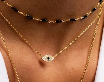 Evil eye necklace, Eye sapphire necklace, Eye charm necklace, Dainty necklace, Minimalist necklace, Delicate necklace, Gold necklace