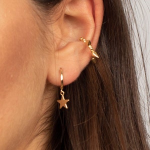 Gold Plated Sterling Silver Star Hoop Earrings: Charm Huggie Hoops