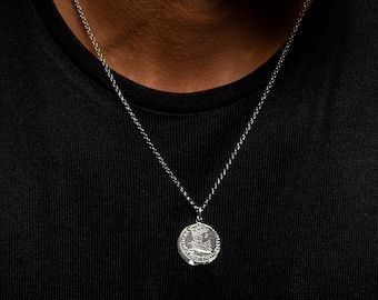 Ancient coin necklace for men, Double side coin necklace, Mens medallion gold necklace, 925 sterling silver